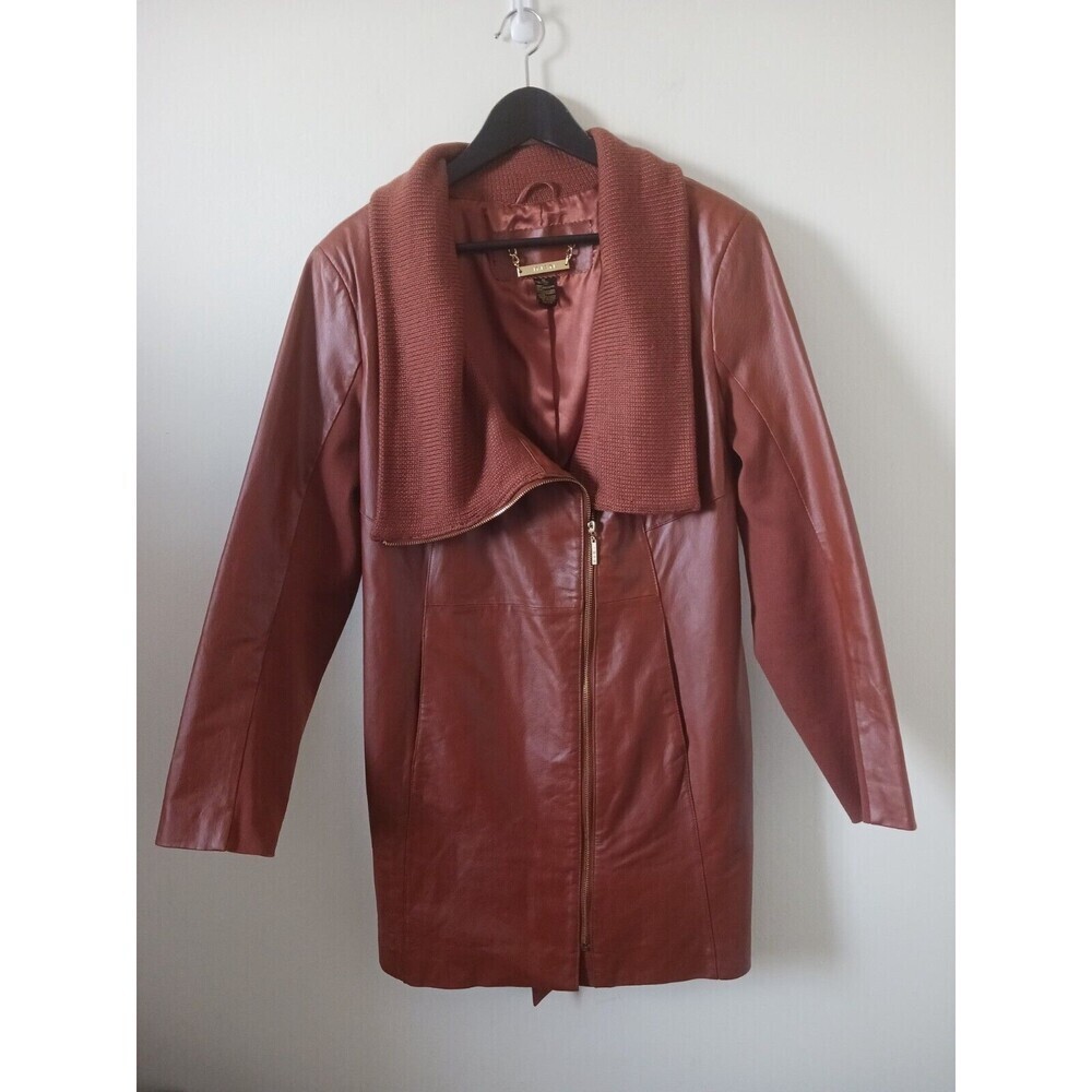 Vtg Iman Leather‎ Jacket Trench Coat Asymmetrical Y2K Camel Size XL